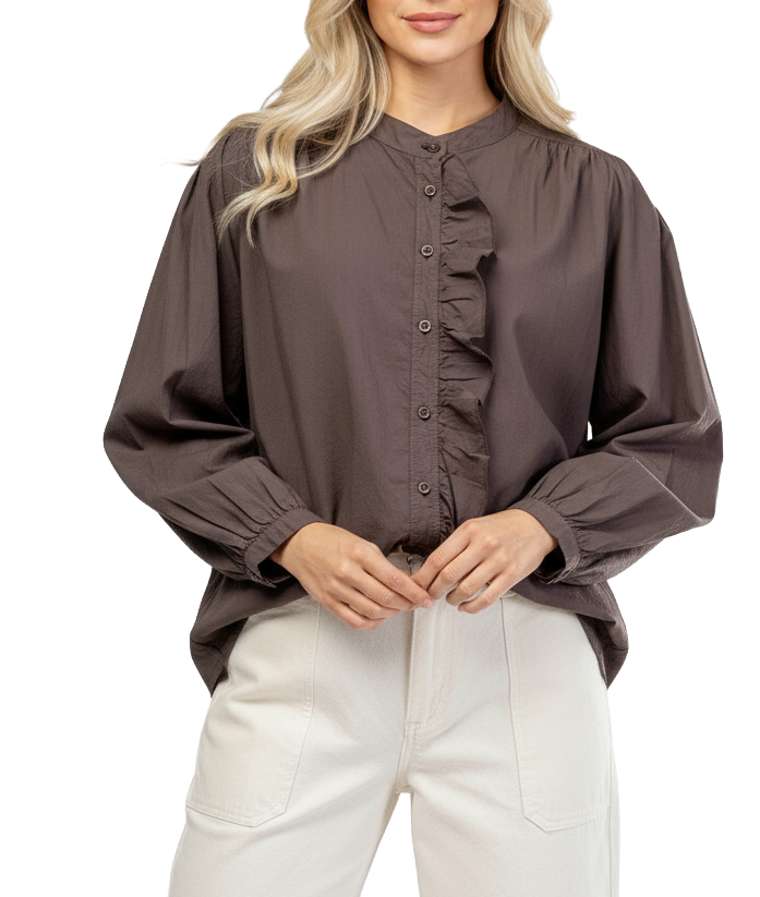 Camisa cuello mao, volante frontal