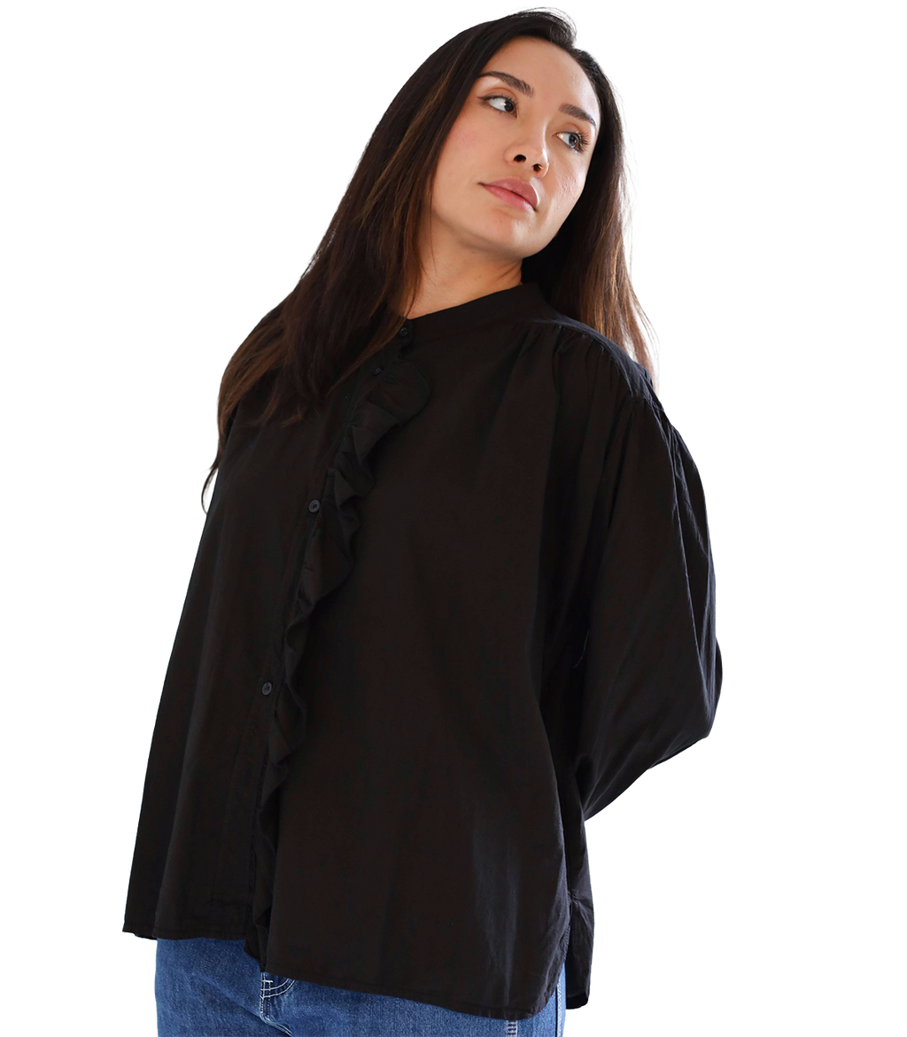 Camisa cuello mao, volante frontal