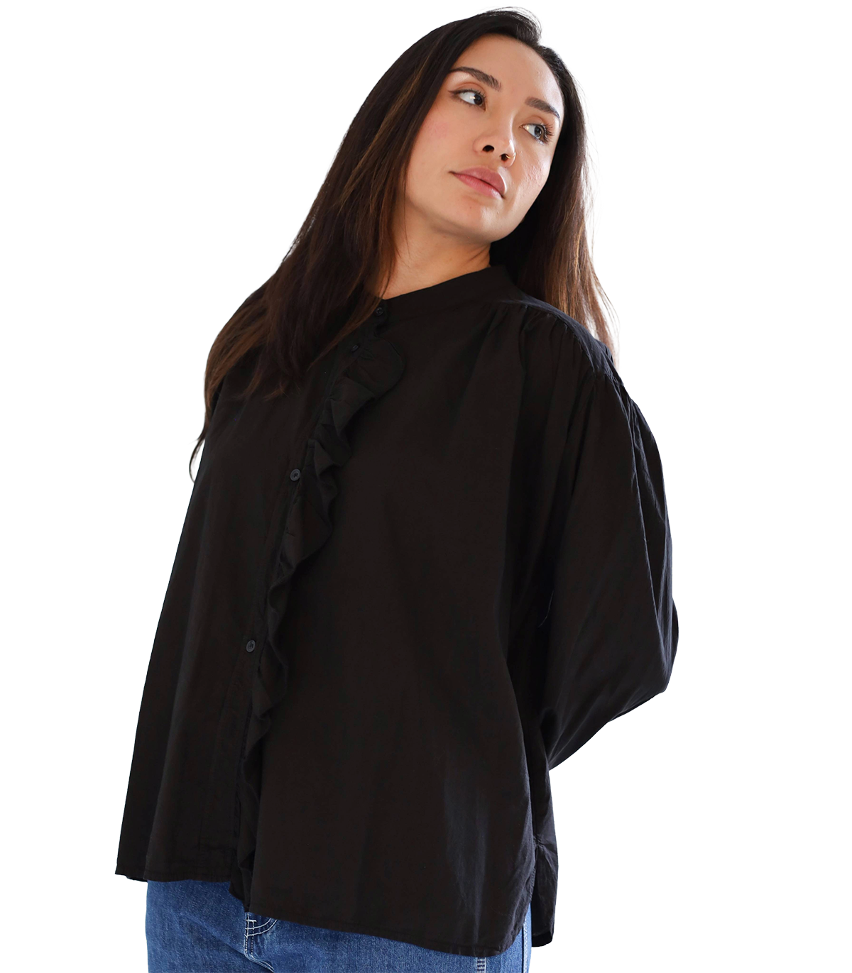 Camisa cuello mao, volante frontal