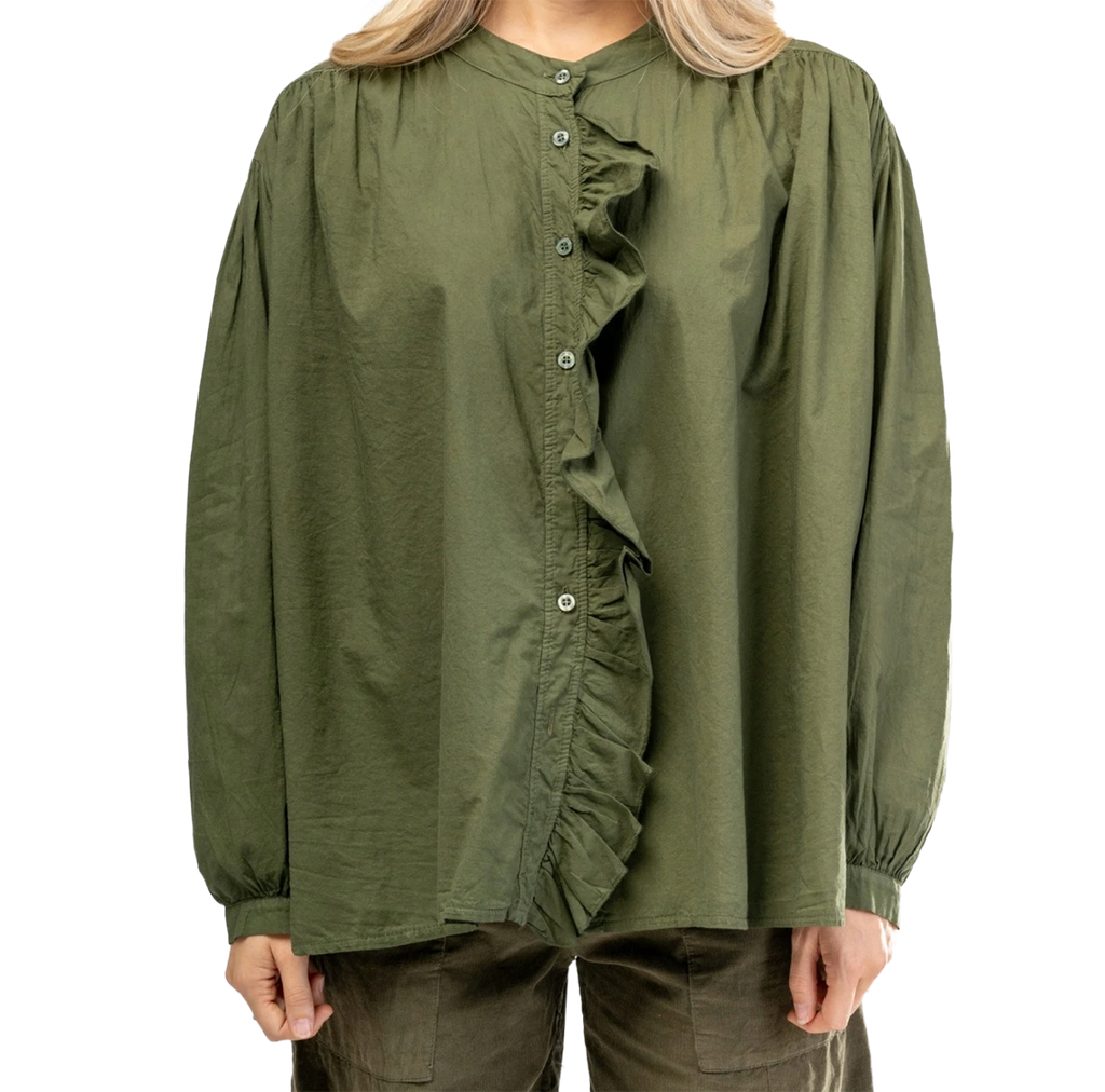 Camisa cuello mao, volante frontal