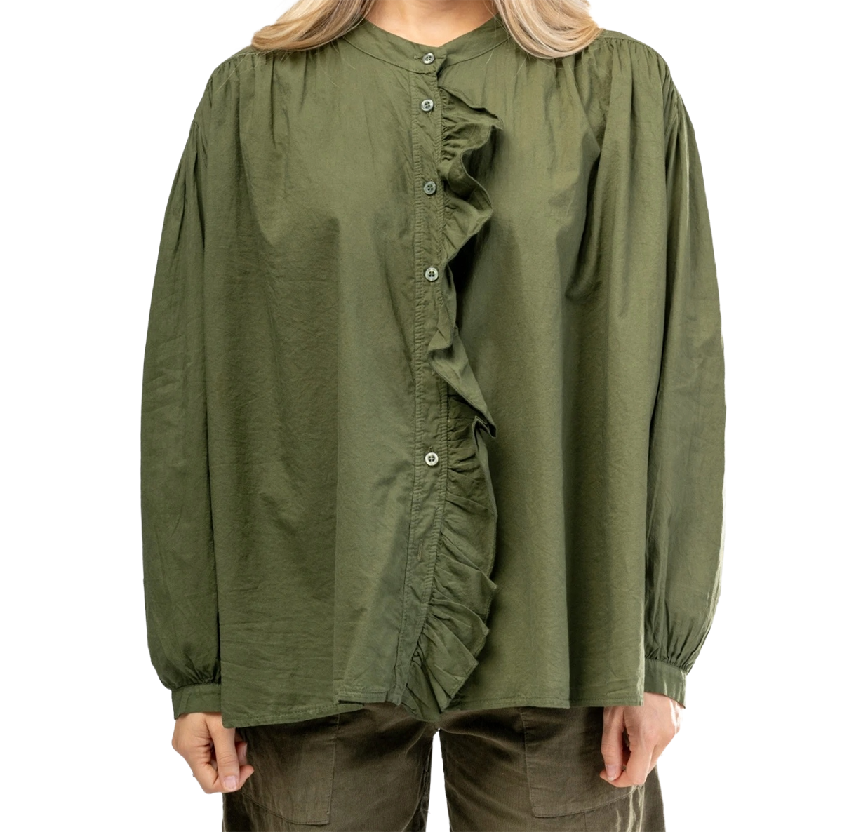 Camisa cuello mao, volante frontal