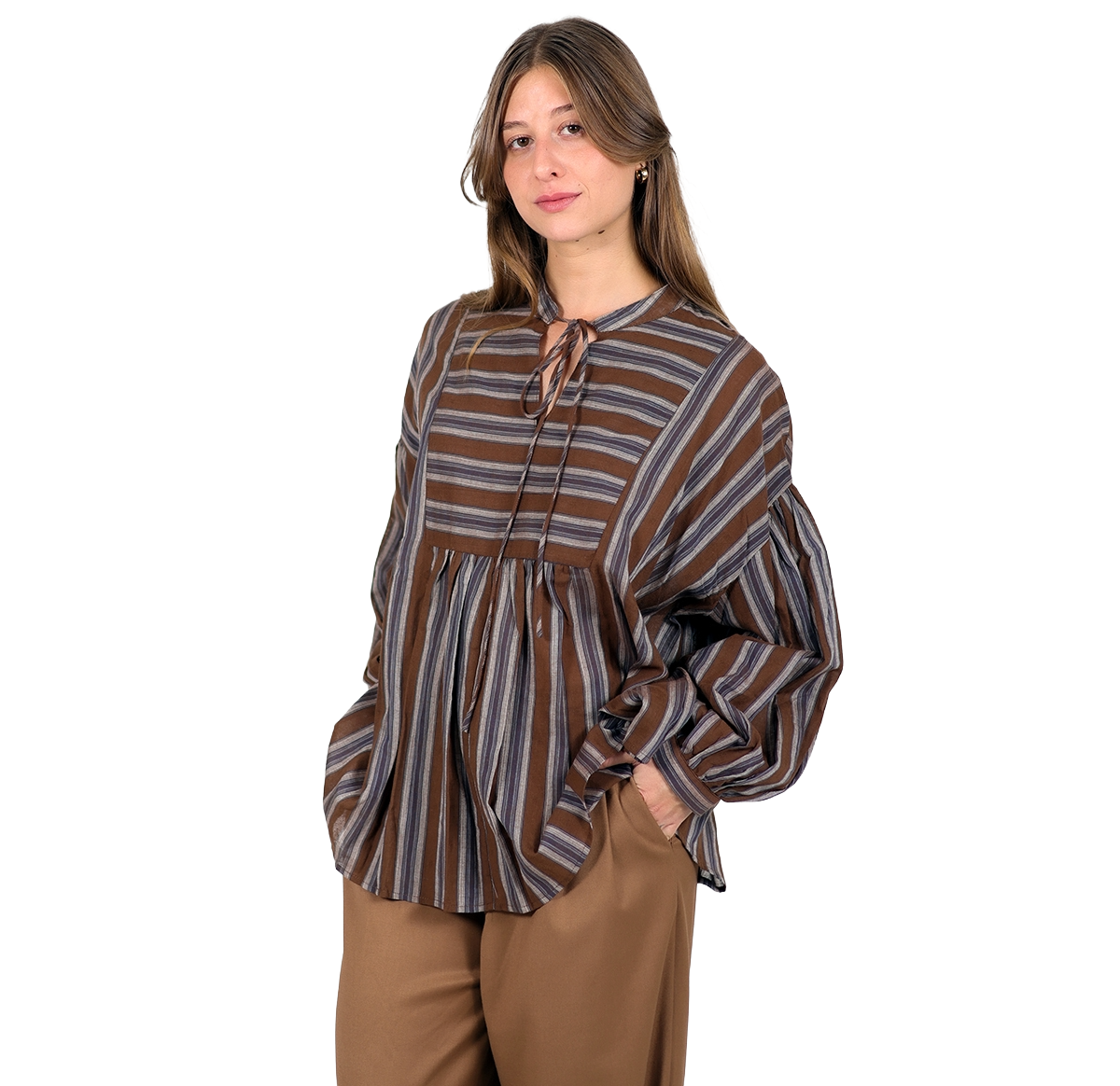 Blusa marrón a rayas de algodón