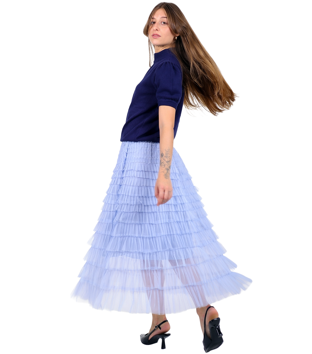 Falda midi de tul celeste